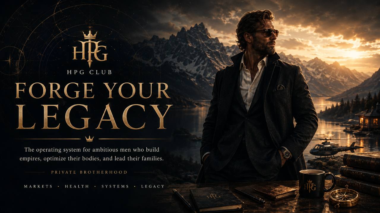 HPG Club campaign artwork: Forge Your Legacy, presenting the operating system for ambitious men across markets, health, systems, and legacy