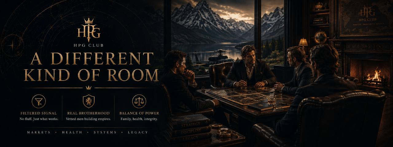 HPG Club campaign artwork: A Different Kind of Room, showing a private strategic roundtable and the values of filtered signal, brotherhood, and balance