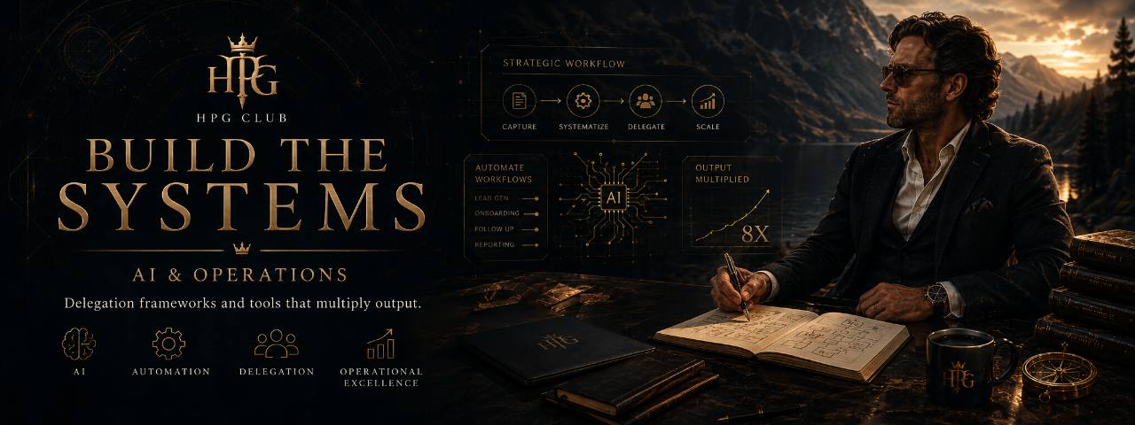HPG Club campaign artwork: Build the Systems, focused on AI, automation, delegation, and operational excellence