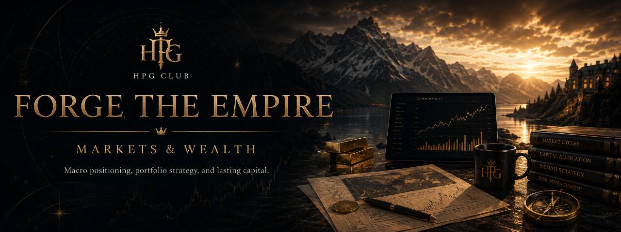 HPG Club campaign artwork: Forge the Empire, focused on macro positioning, portfolio strategy, disciplined risk, and lasting capital